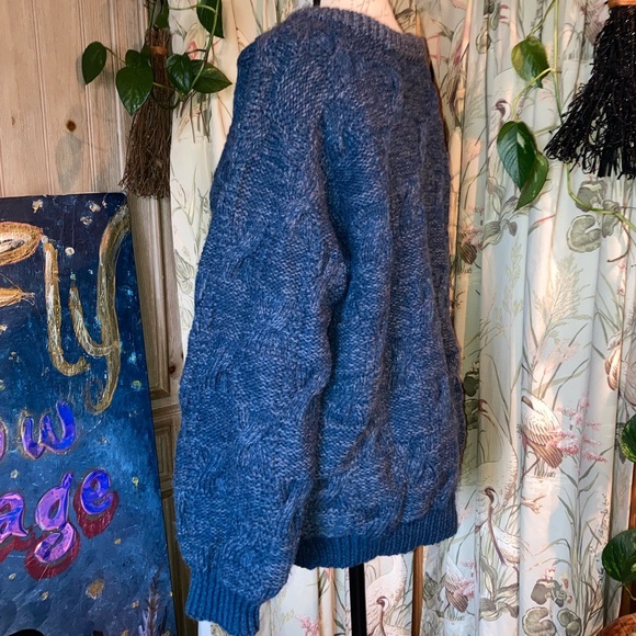 Handmade Chunky Heavyweight Blue Knit Crewneck Sweater Mens Unisex - Picture 3 of 7